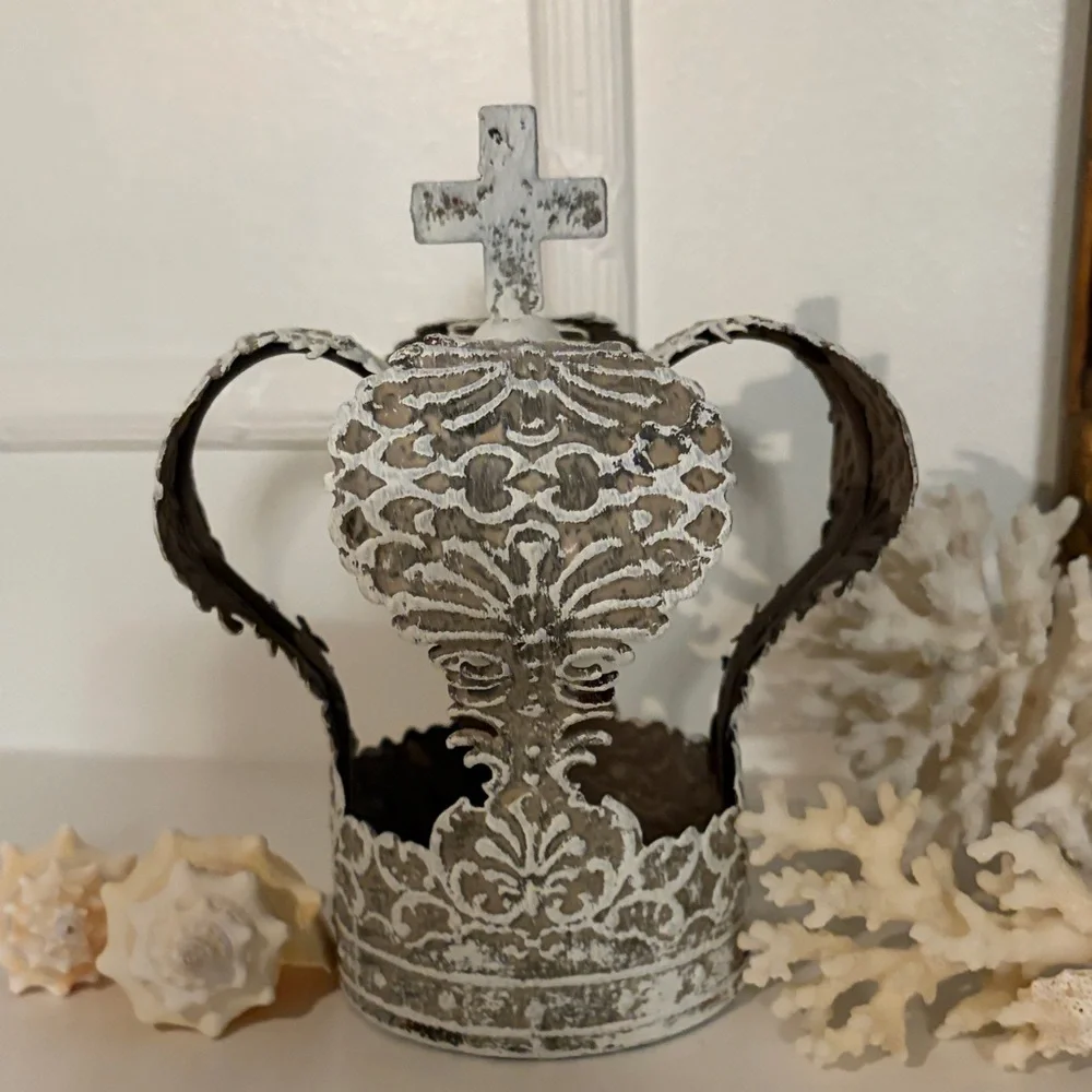 Distressed White Metal Crown Home Accent - Picture 3 of 9